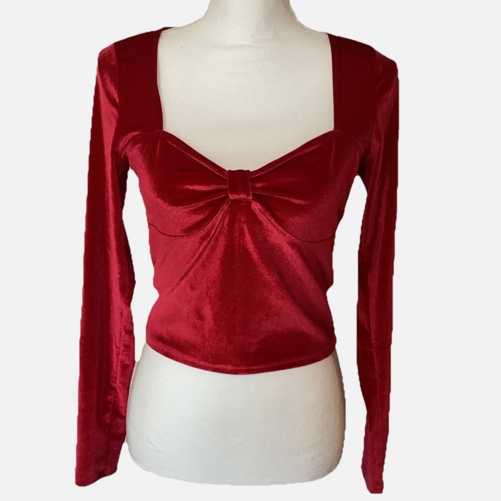 Velvet Red Bow Top Date Sweetheart Coquette Long Sleeve Cropped Girly Cute